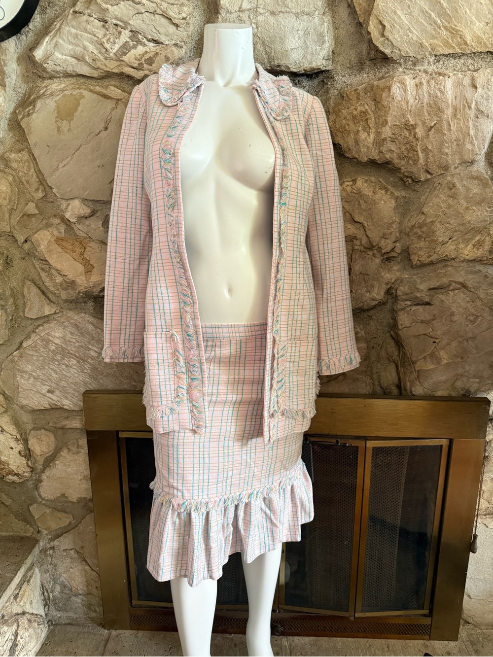 Pink Plaid Tweed Skirt Suit Set